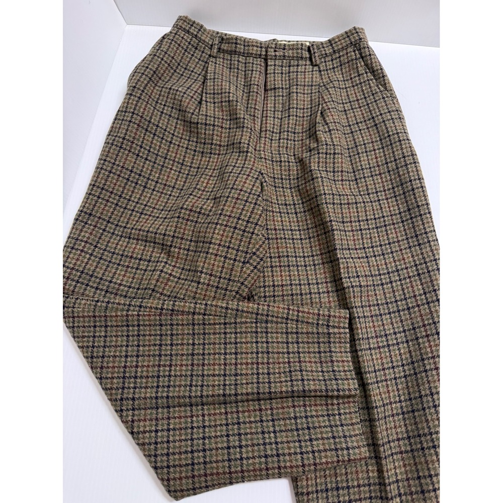 Vintage Eddie Bauer Wool Plaid Trousers Brown Green Pleated Tapered Pants Sz 12